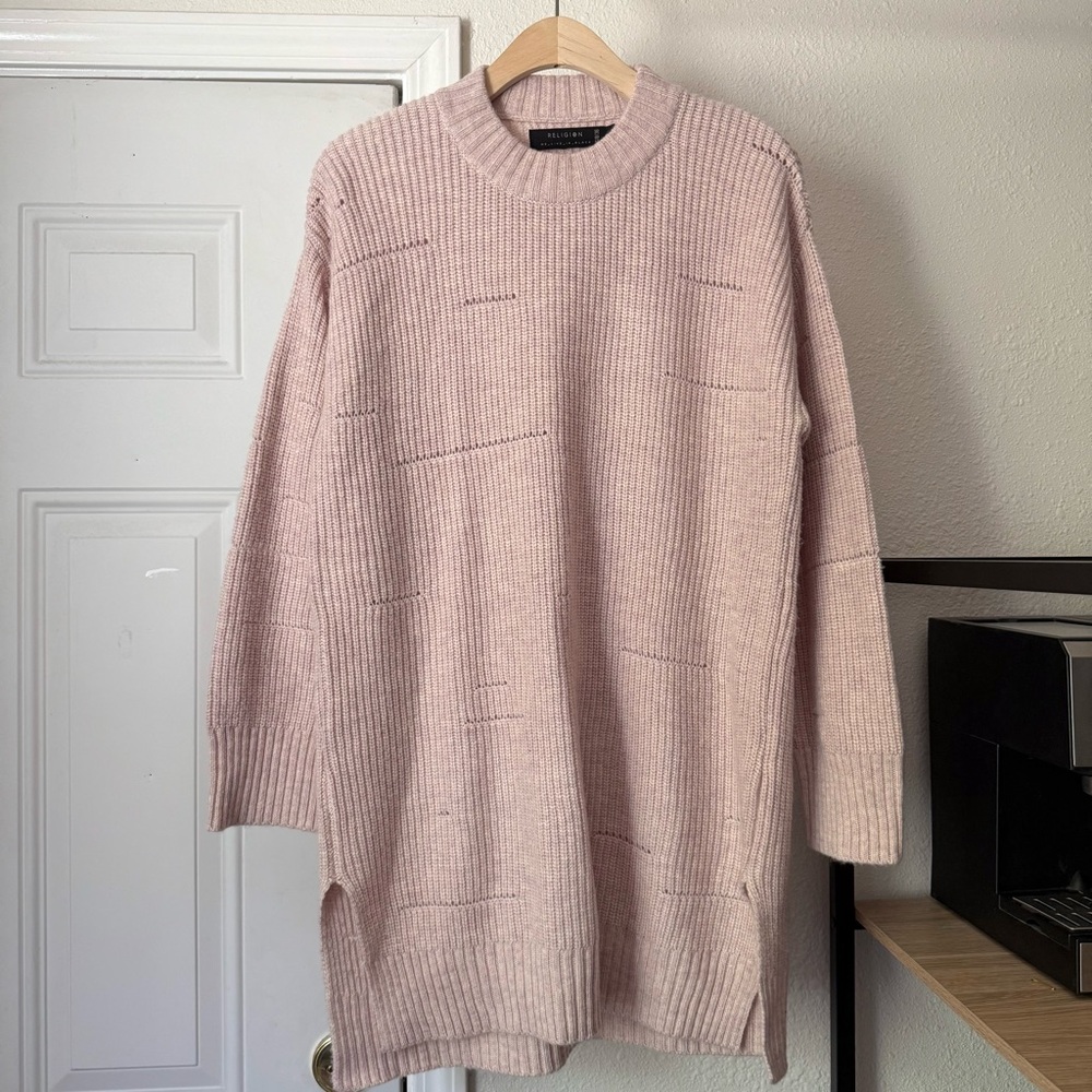 RELIGION LONDON blush heather‎ distressed soft wool blend mini sweater dress